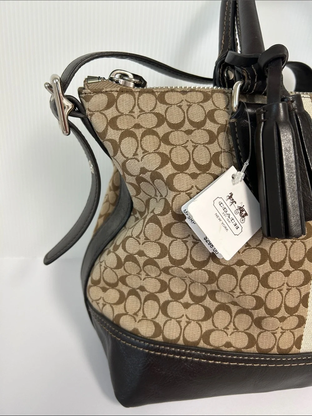 Coach NWT M1320-29622E Retired Striped East/West Satchel Leather Trim Bag
